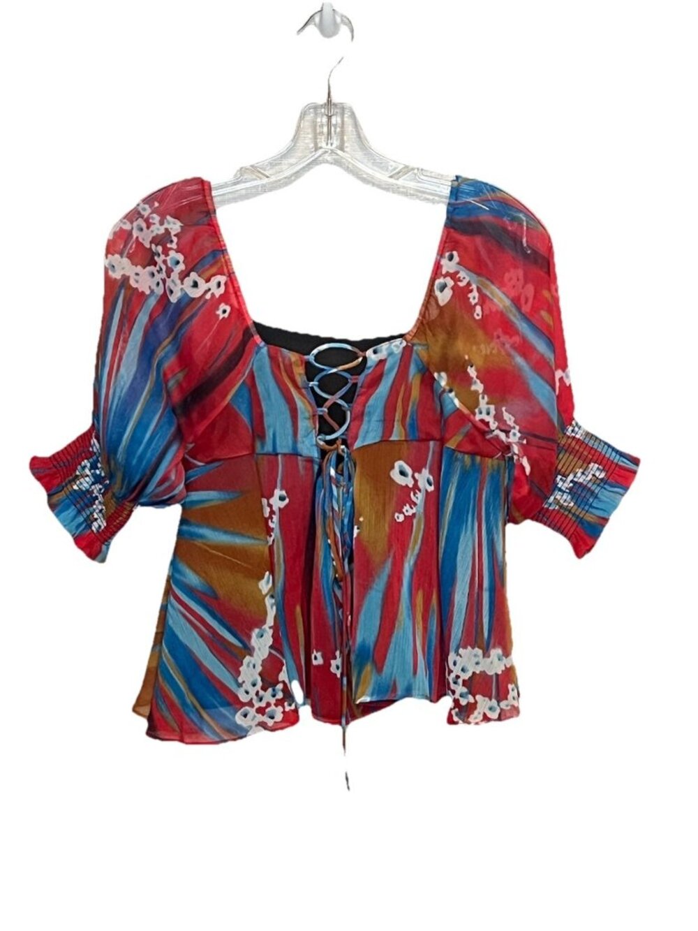 Walter Baker Women L Floral Tropical Blouse Corset Lace Up Puff Sleeve Y2K Boho